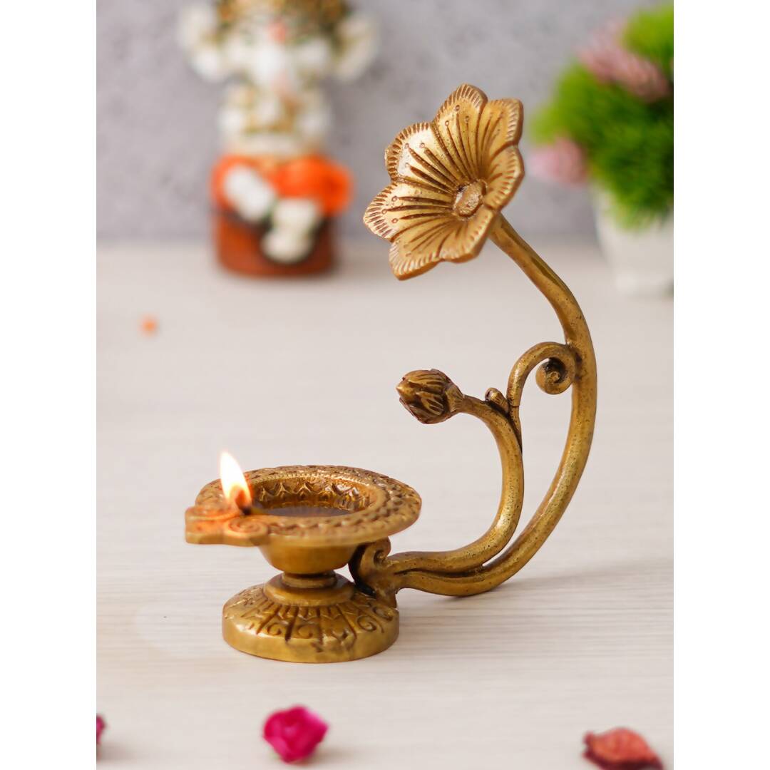 eCraftIndia Gold Toned Flower Shaped Brass Diya With Floral Handle | Swadesiicart