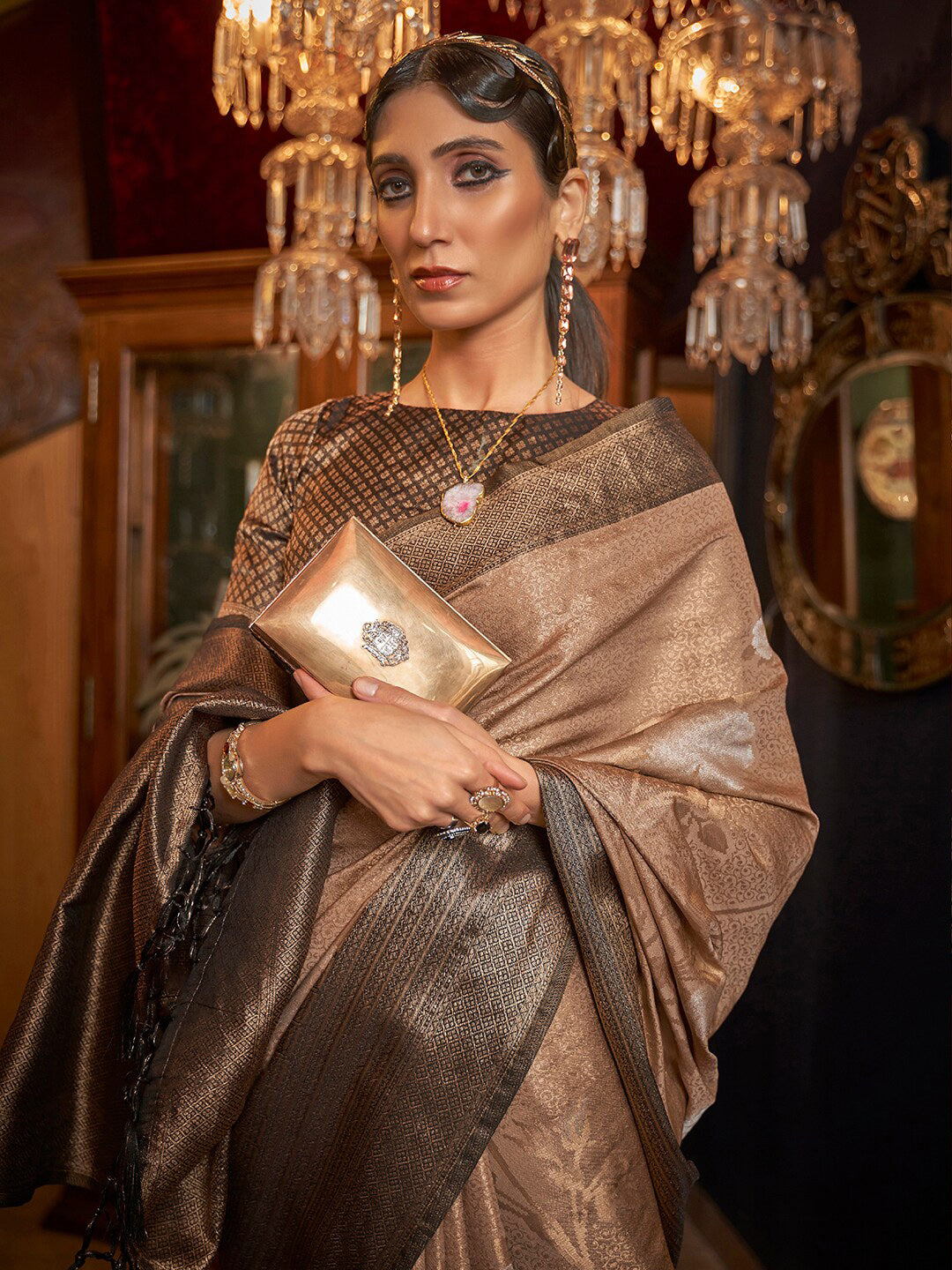 Mitera Beige & Gold-Toned Woven Design Zari Silk Blend Banarasi Saree | Swadesiicart