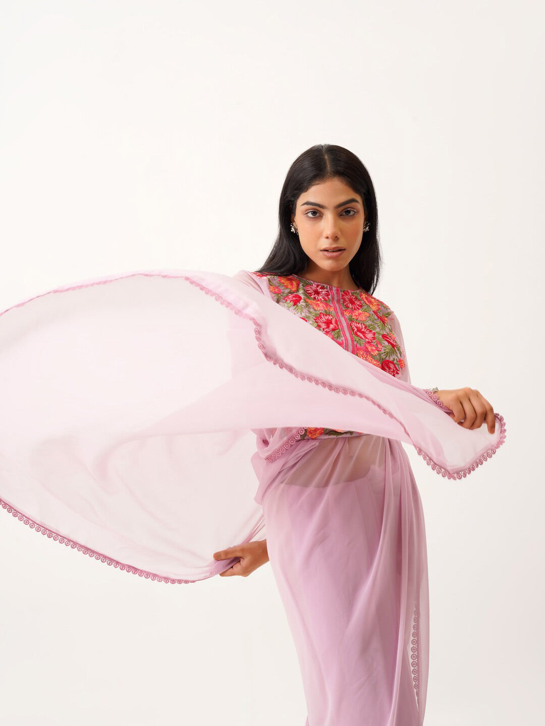 Tikhi Imli Lavender & Pink Floral Embroidered Belted Saree | Swadesiicart
