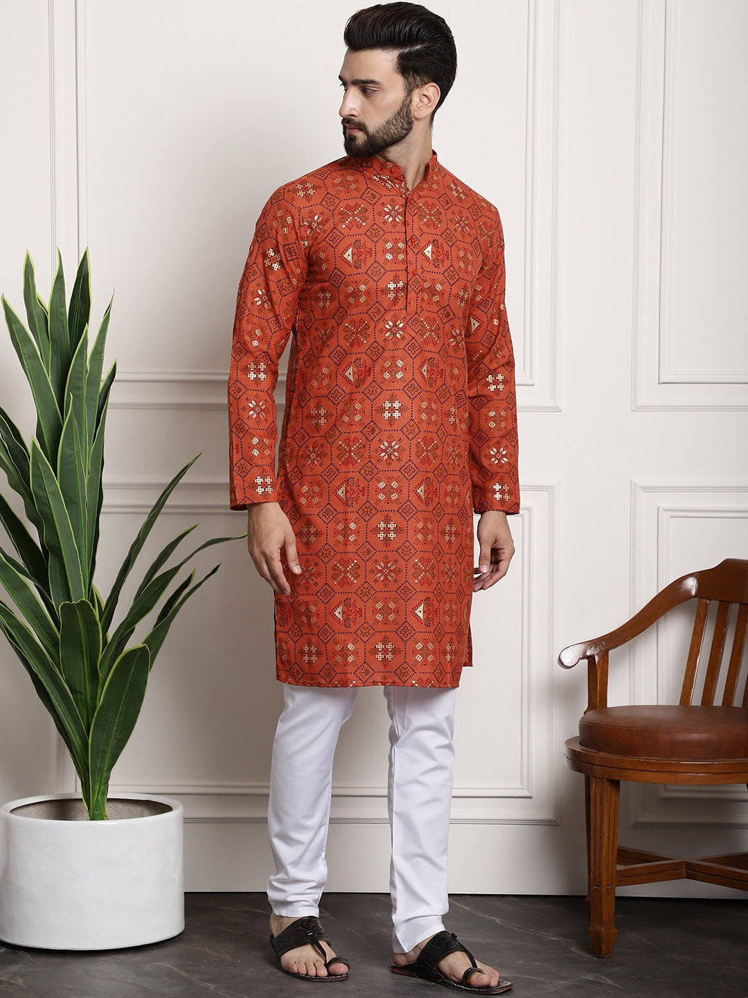 Sojanya Men Orange Printed Cotton Linen Kurta with Churidar | Swadesiicart