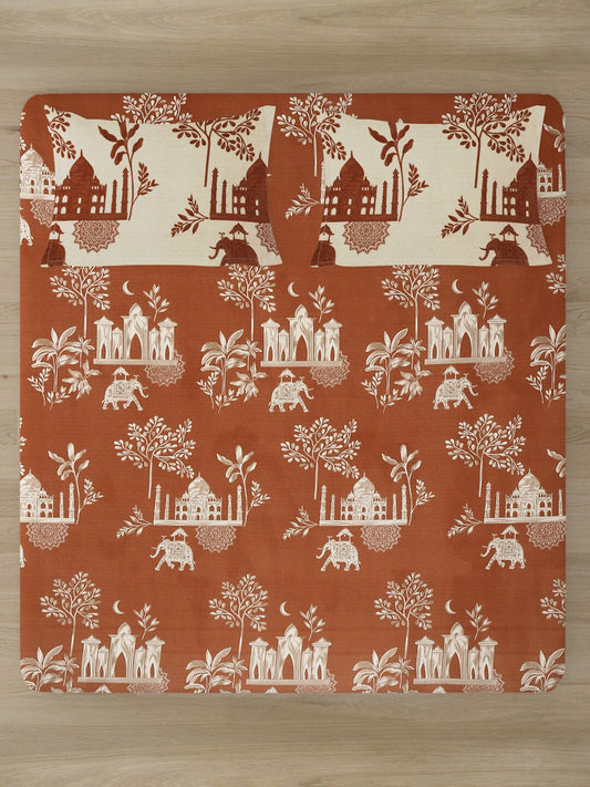 Rajasthan Decor Rust & Cream Printed Cotton 160 TC King Bedsheet with 2 Pillow Covers - Swadesiicart