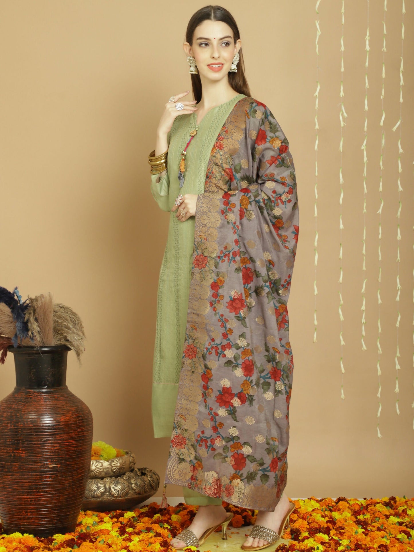 Jyoti Fashion Women's Green Chanderi Silk Elegant Jardoshi Semi Kurta with Trouser & Dupatta | Swadesiicart