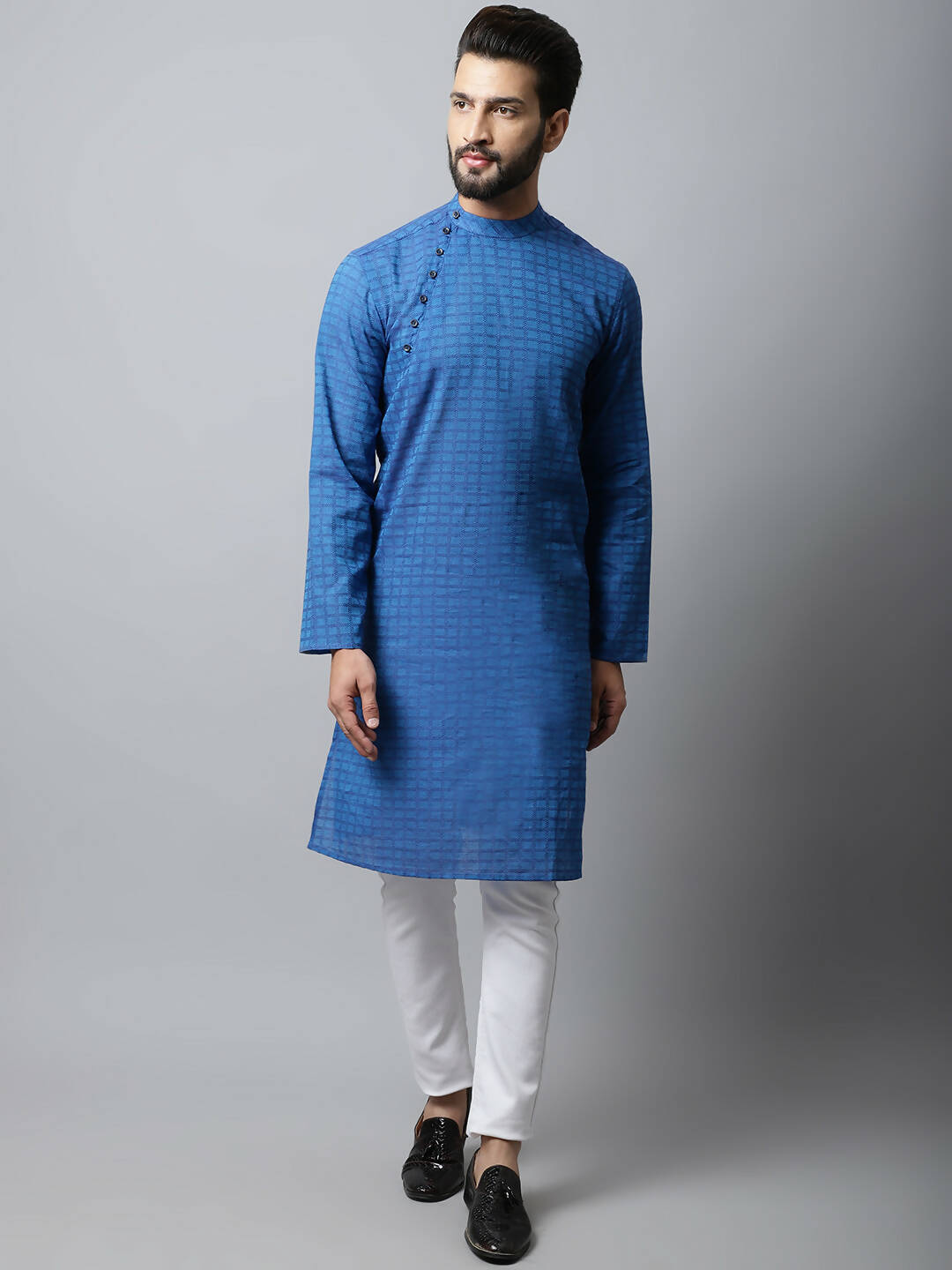 Even Apparels Blue Color Pure Cotton Men's Kurta With Band Collar (CHK1198) | Swadesiicart
