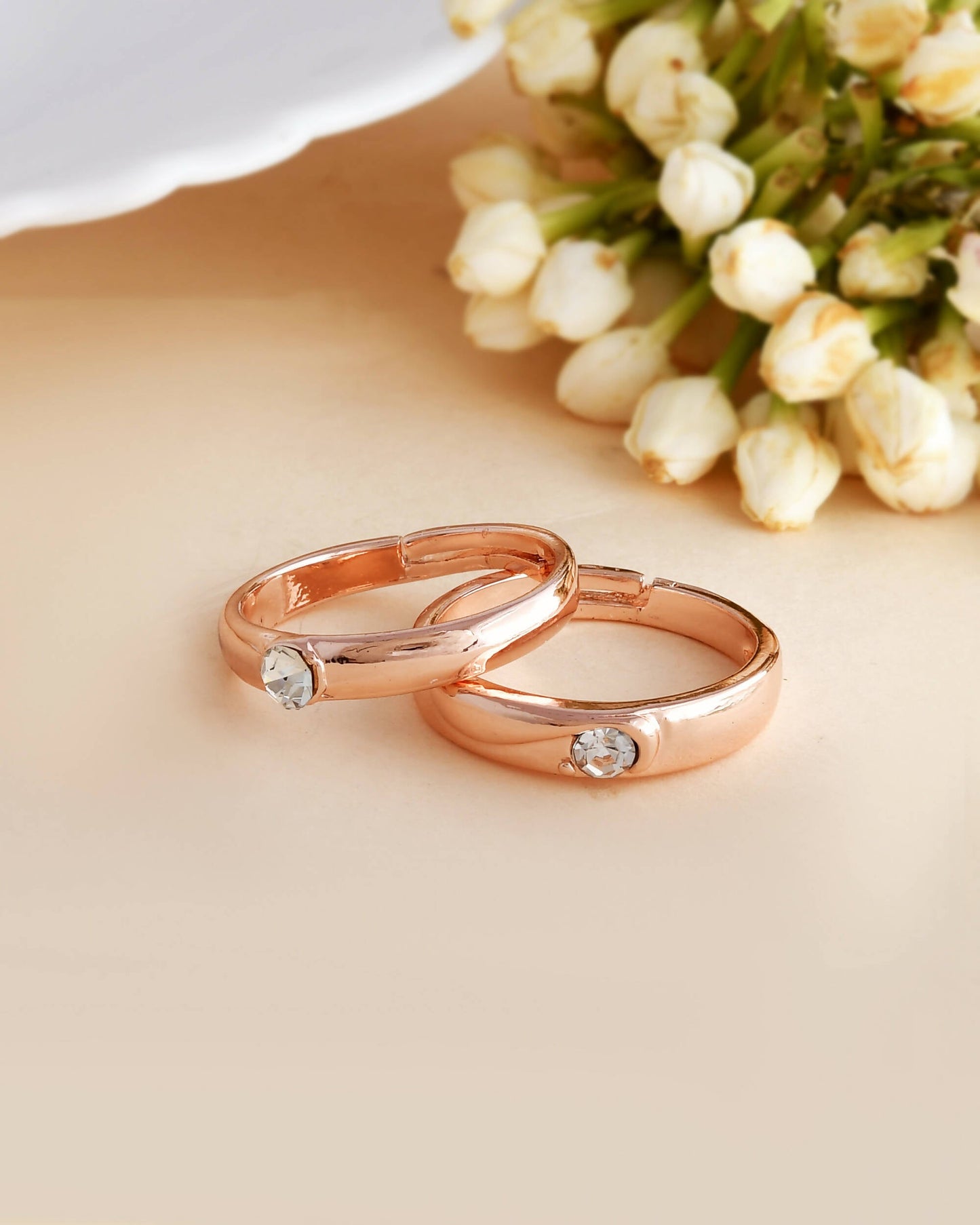 VOJ Stainless Steel Cubic Zirconia Rose Gold-Polished Adjustable Ring Set for Couple | Swadesiicart