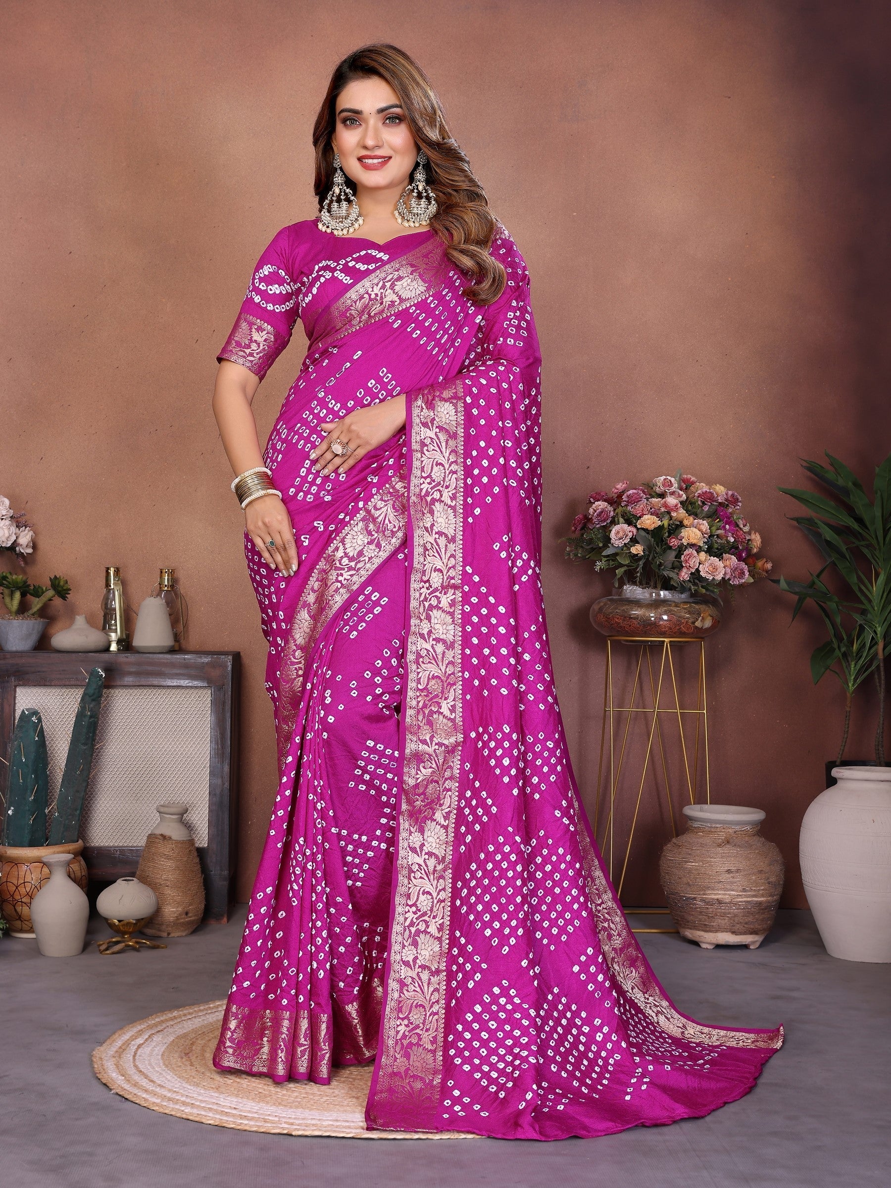 Anaita Purple Handmade Bandhej Viscose Silk Saree With Blouse