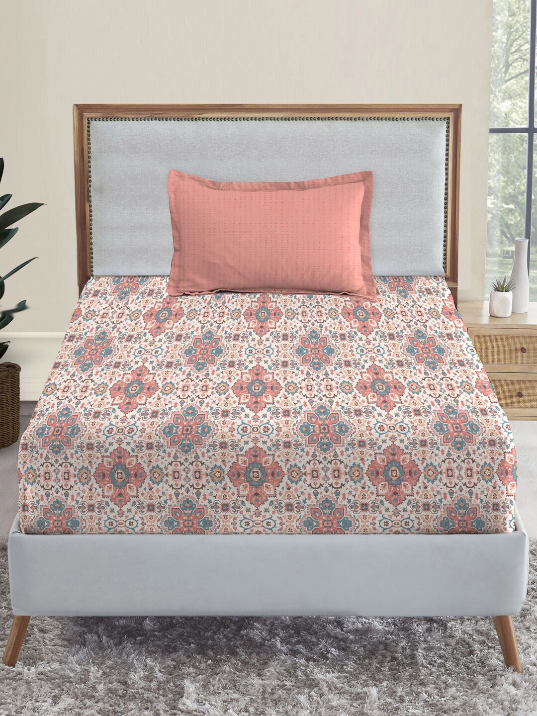 MYTRIDENT Dusk and Dawn Pink Ethnic Motifs Cotton 144 TC Single Bedsheet with 1 Pillow Cover - Swadesiicart