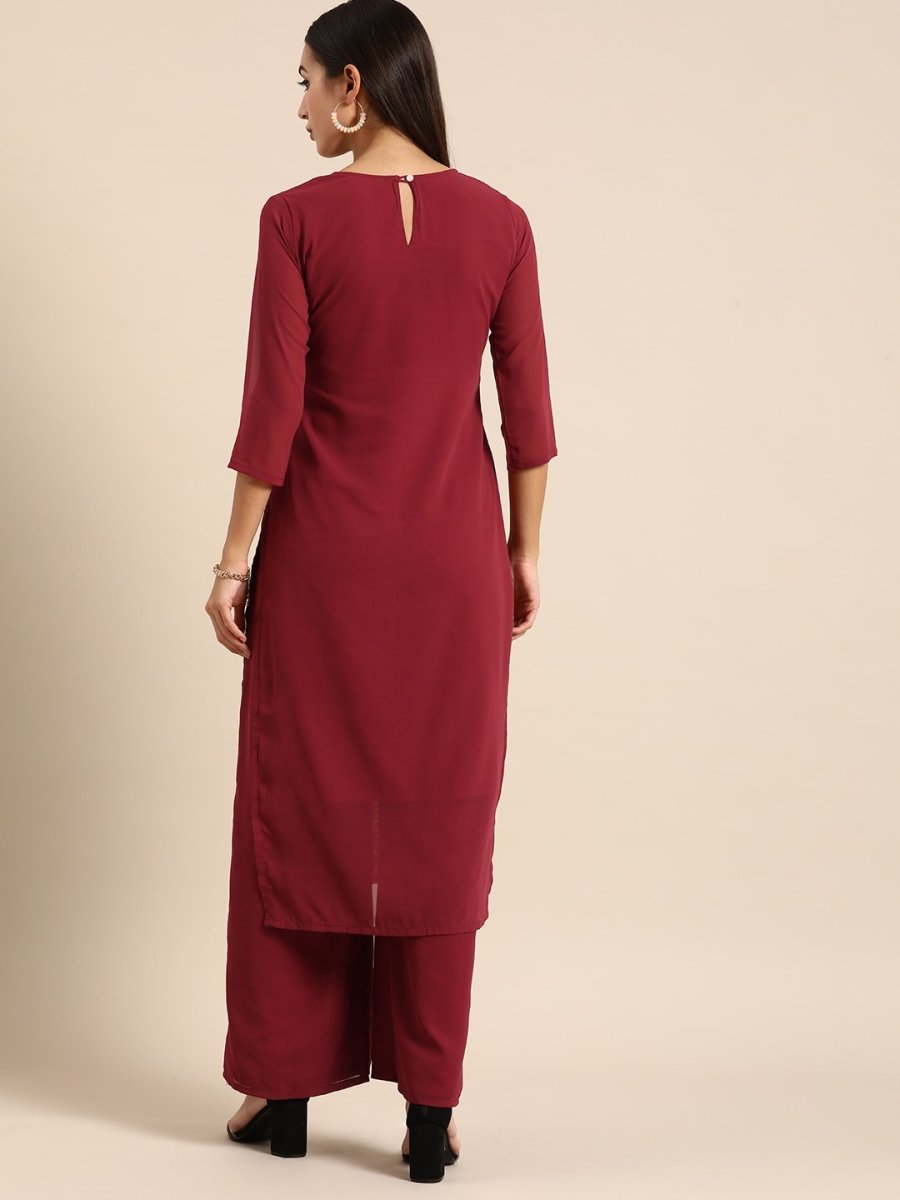 All About You Women Maroon Ethnic Motifs Embroidered Chikankari Kurta with Palazzos | Swadesiicart
