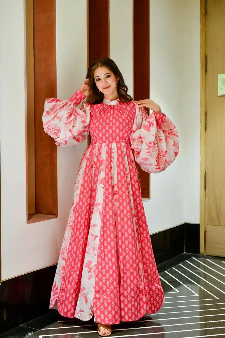 Jyoti Fashion Women's Pink Heavy Digital Printed Cotton Silk Anarkali Dress | Swadesiicart