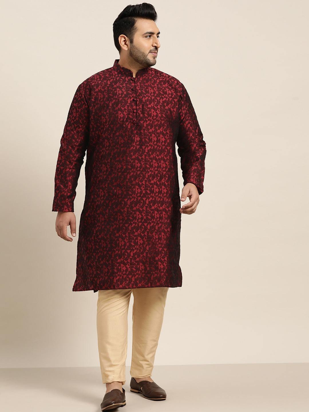Sojanya Plus Men Plus Size Red & Black Woven Design Straight Kurta | Swadesiicart