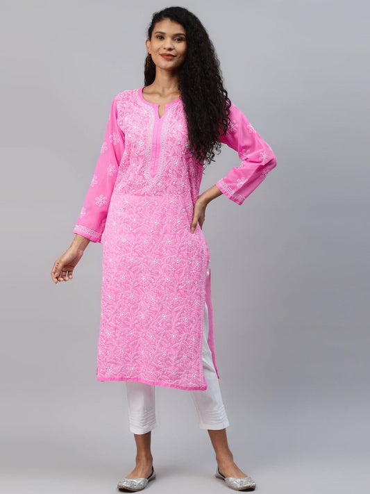 ADA Women Pink & White Ethnic Motifs Embroidered Chikankari Handloom Kurta with Trousers | Swadesiicart