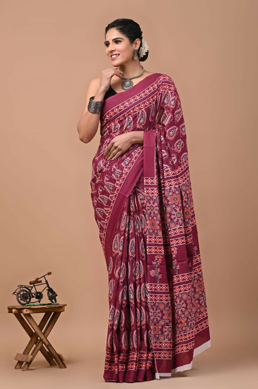 Exclusive Collection Red Multi Beautiful Mulmul Cotton Saree - Swadesiicart