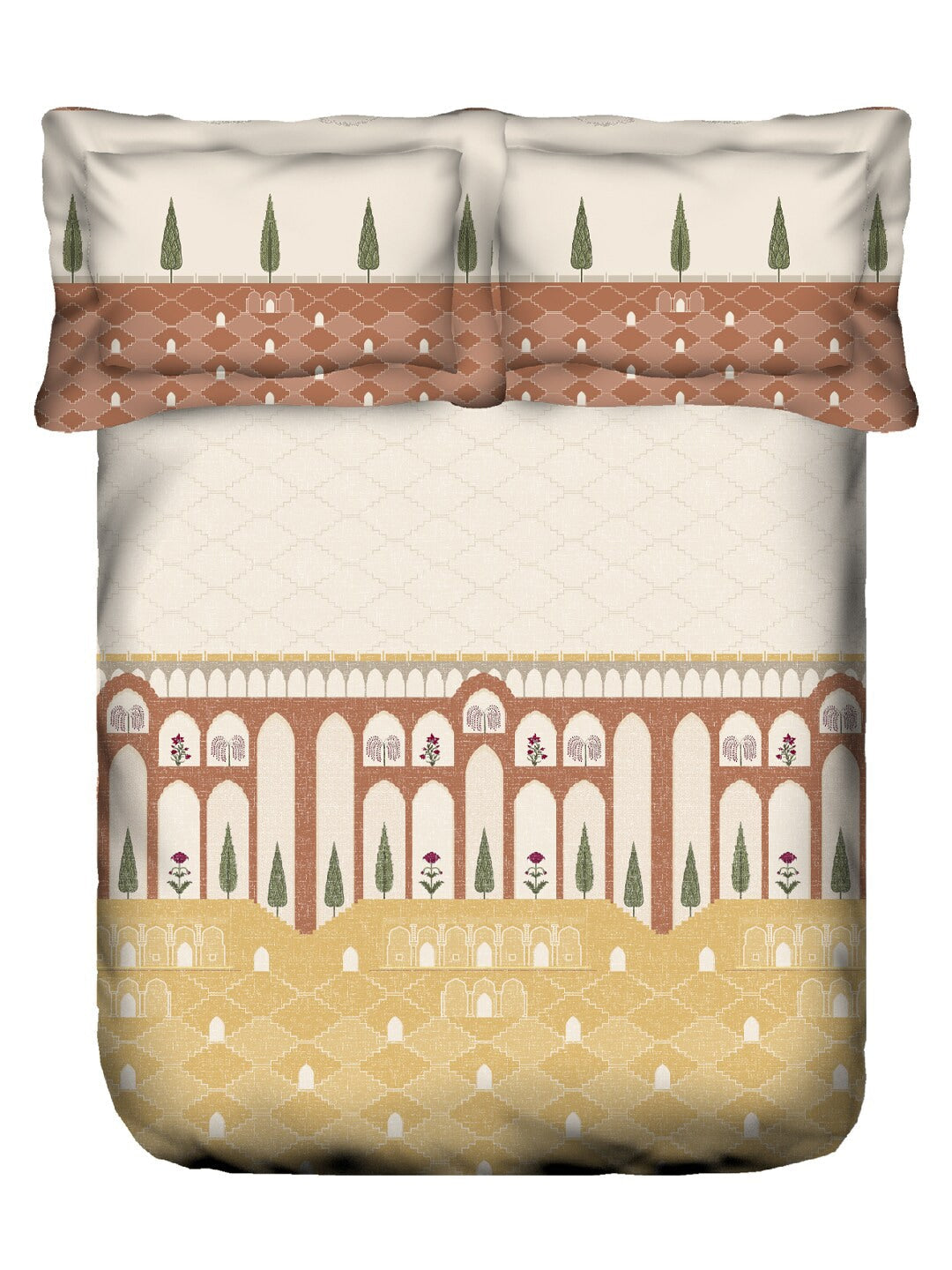 MYTRIDENT Road To Jaipur Brown Cotton 210 TC King Bedsheet & 2 Pillow Covers - Swadesiicart