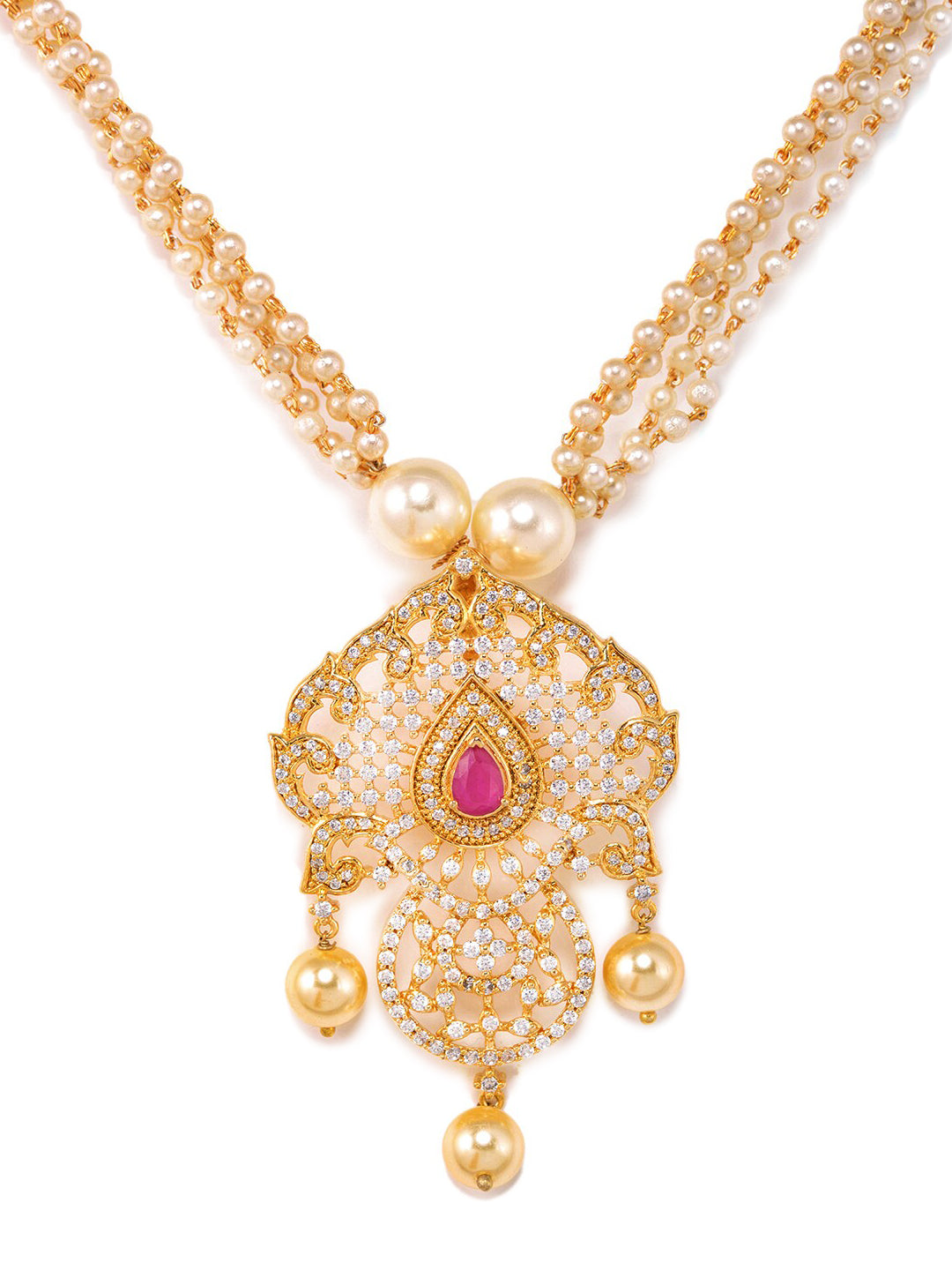 Saraf RS Jewellery Gold-Polished White & Magenta American Diamond Studded Jewellery Set - Swadesiicart