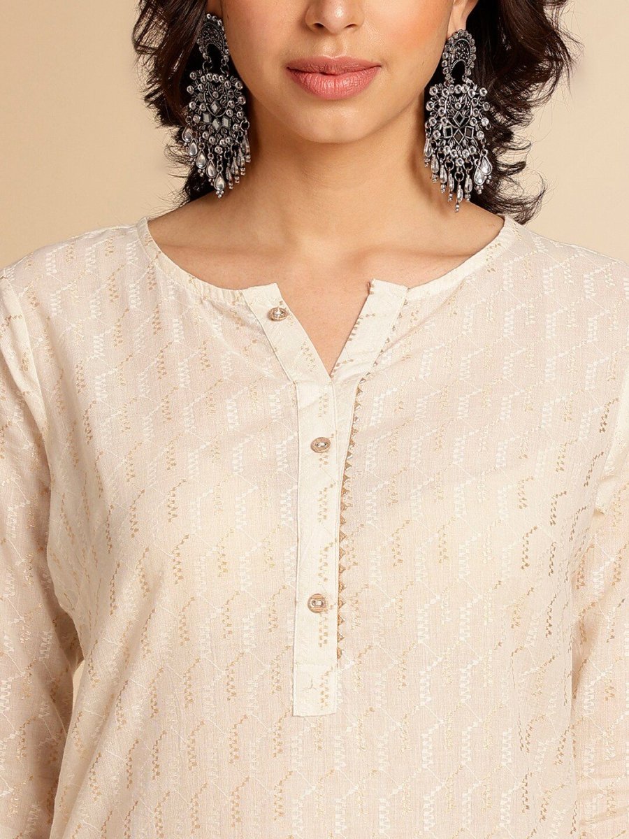 Anouk Off White Printed Mandarin Collar Cotton Straight Kurta - Swadesiicart