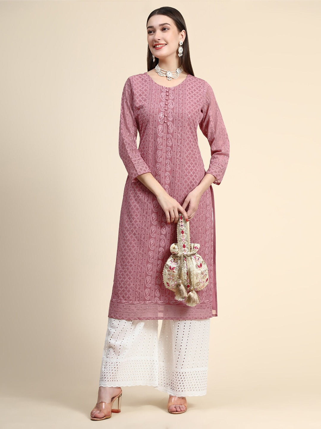 Kalini Round Neck Paisley Embroidered Chikankari Georgette Kurta | Swadesiicart