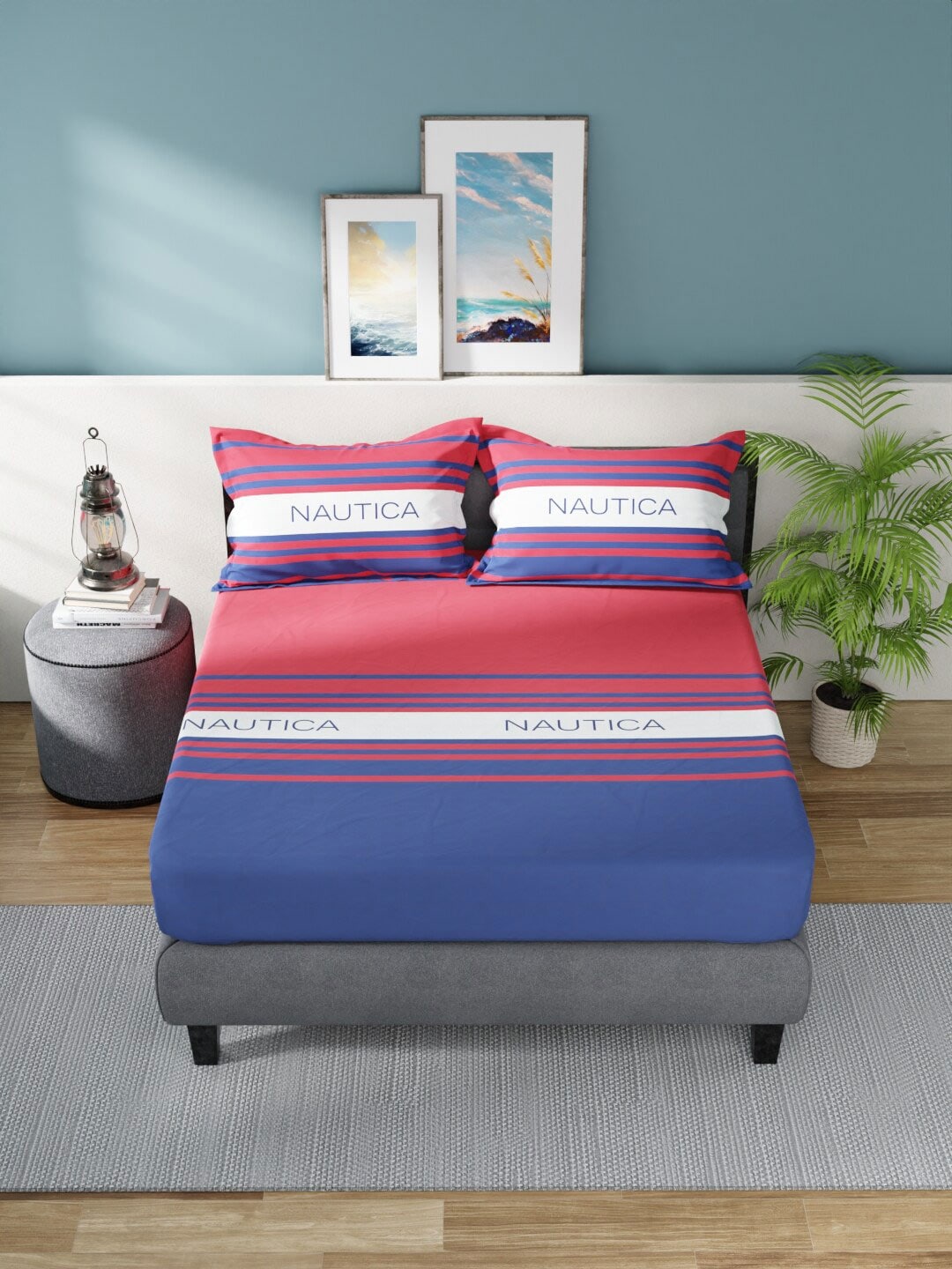 Nautica Bradford Red & Blue Striped 160 TC Pure Cotton King Bedsheet & 2 Pillow Covers - Swadesiicart