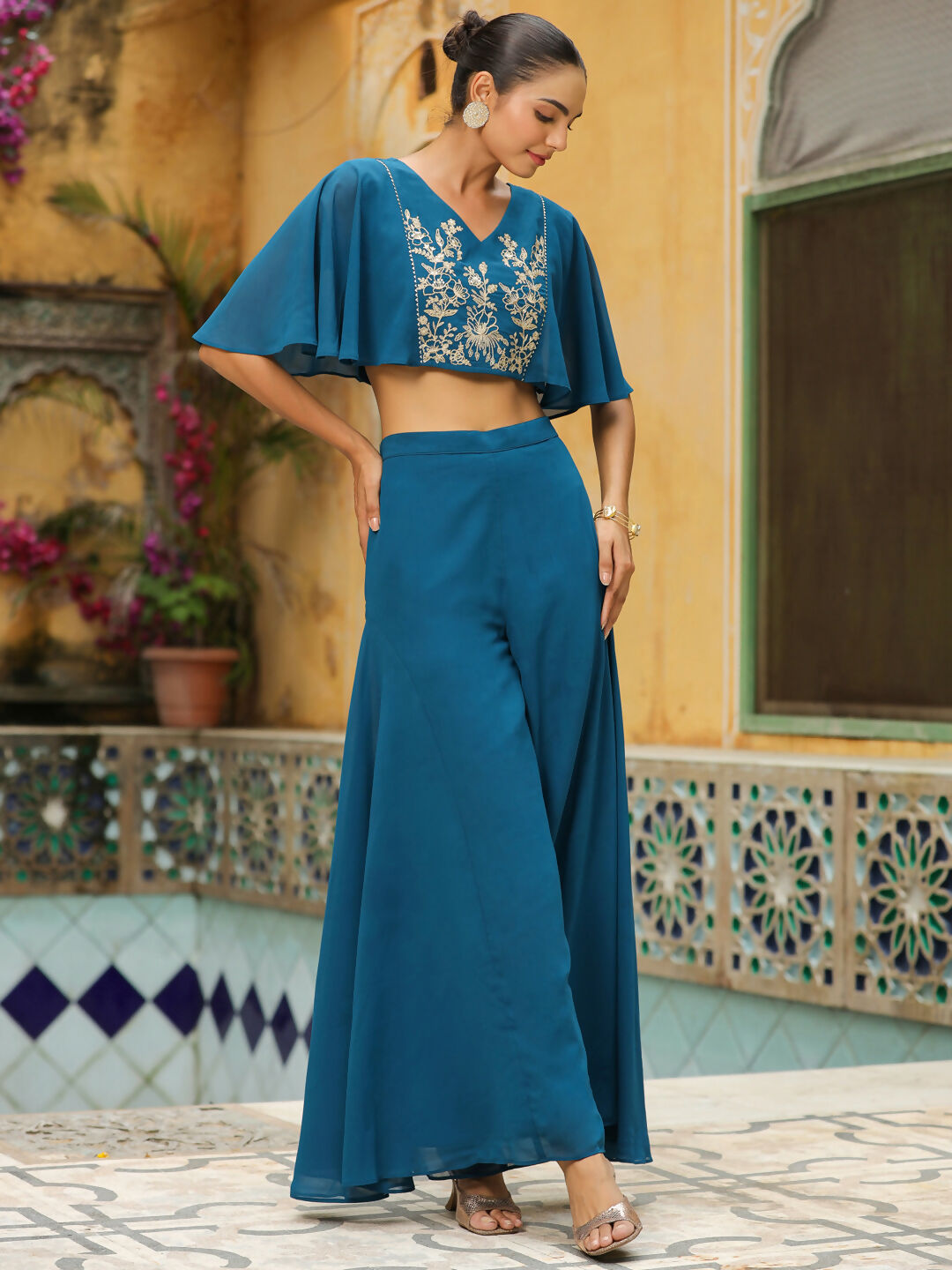 Janasya Teal Blue Georgette Yoke Embroidery Co-Ords - Swadesiicart