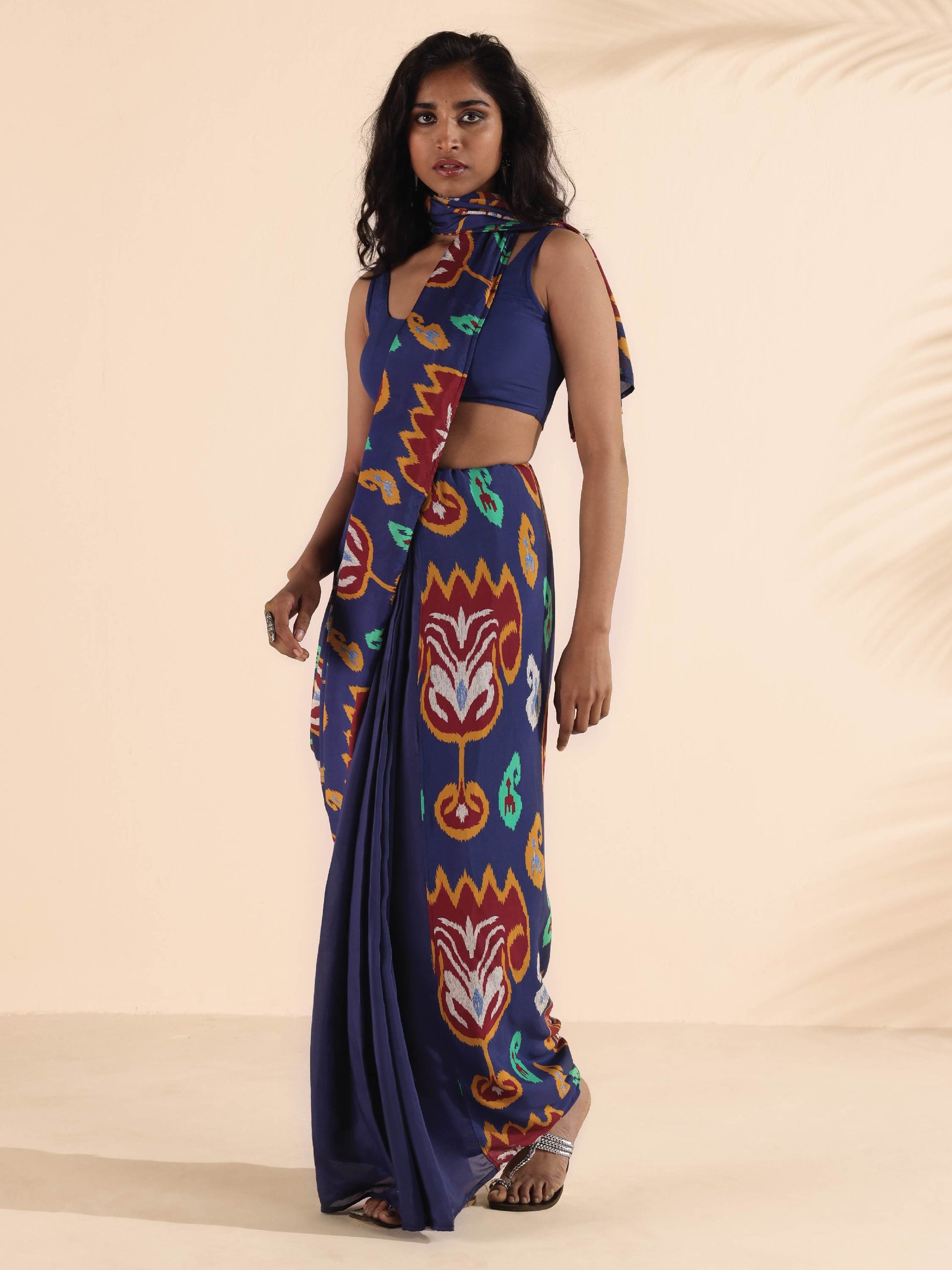 trueBrowns Purple Muslin Ikat Ready to Wear Saree | Swadesiicart