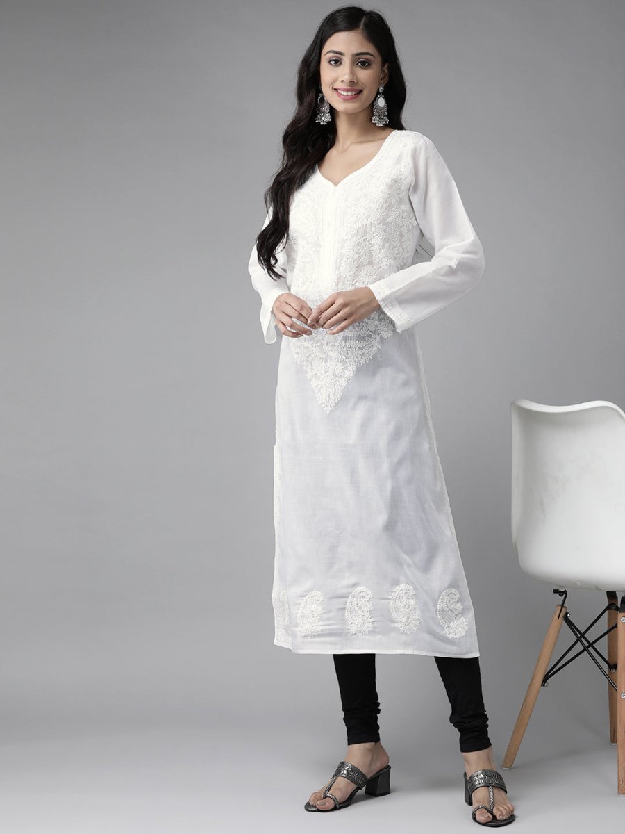 ADA Women White & Black Chikankari Embroidered Handloom Kurta with Cotton Churidar | Swadesiicart