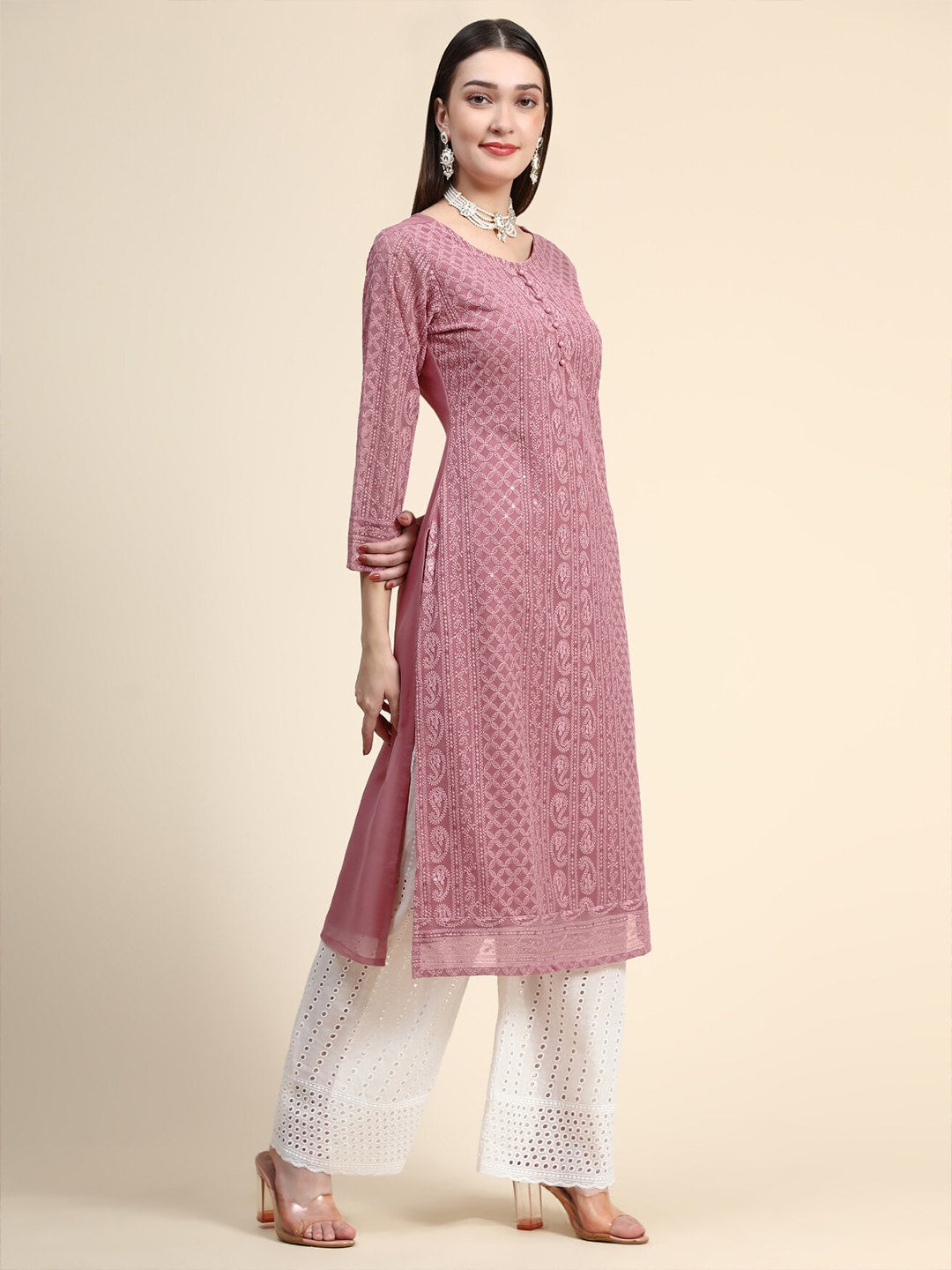 Kalini Round Neck Paisley Embroidered Chikankari Georgette Kurta | Swadesiicart