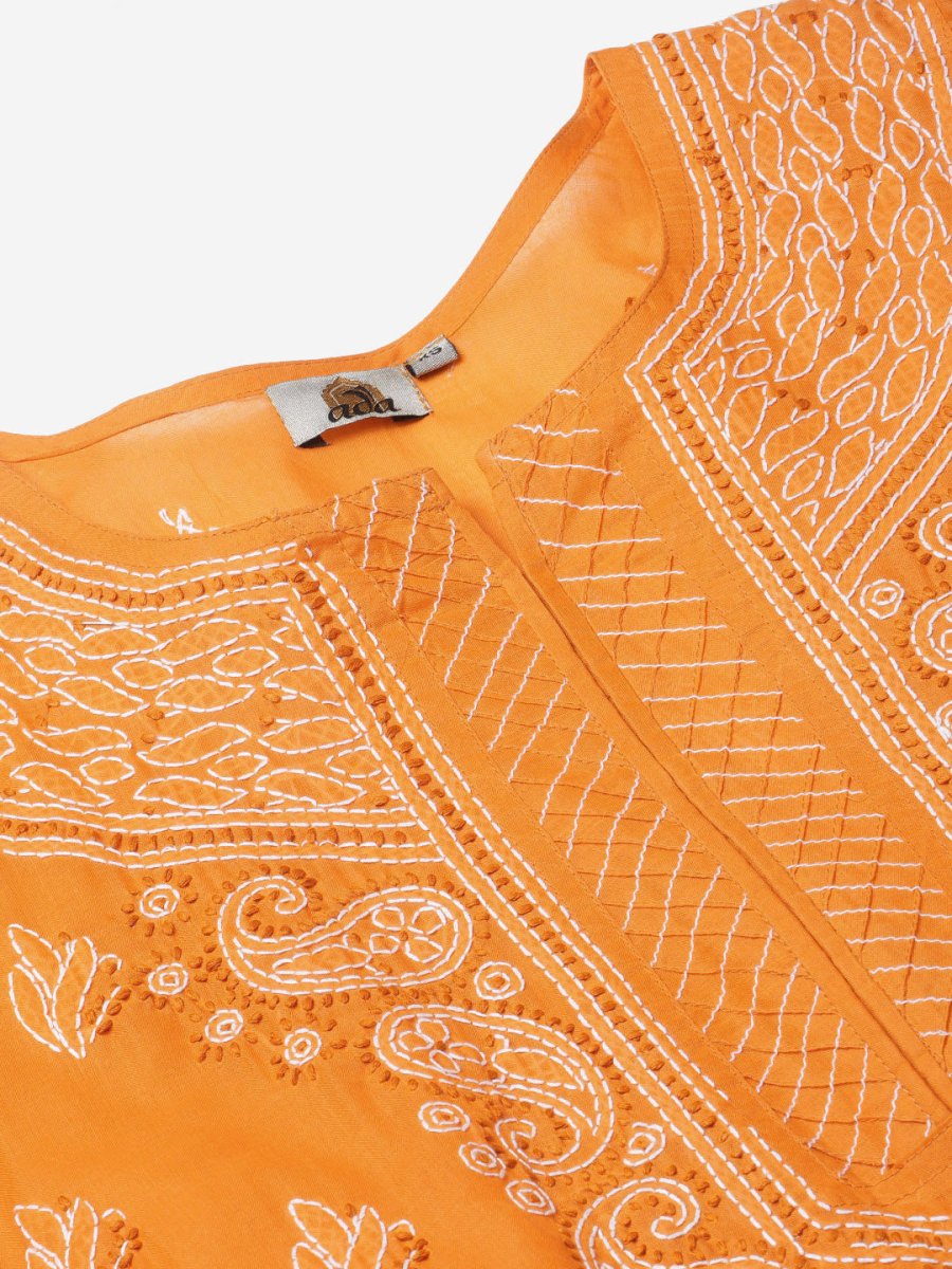 ADA Women Mustard Yellow & White Chikankari Embroidered Cotton Sustainable Handloom Kurta with Palazzos | Swadesiicart