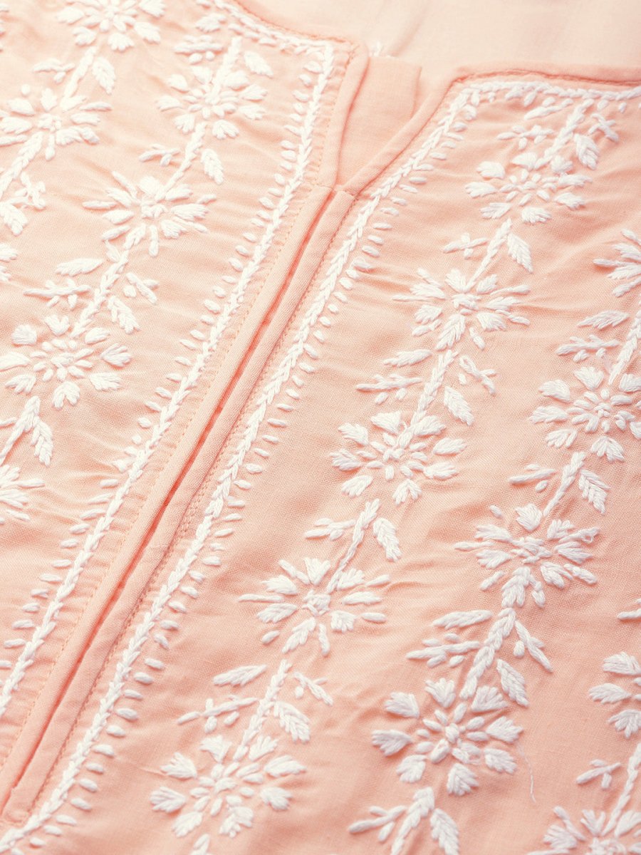 ADA Women Peach-Coloured & White Chikankari Embroidered Cotton Straight Sustainable Kurta | Swadesiicart