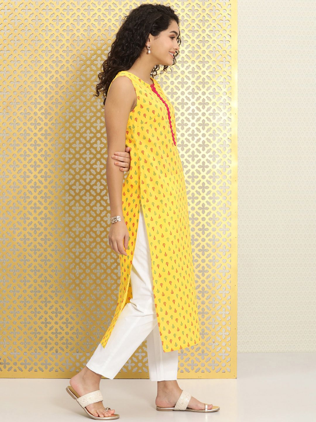 Ode by House of Pataudi Women Yellow Ethnic Motifs Printed Rozana Straight Kurta - Swadesiicart