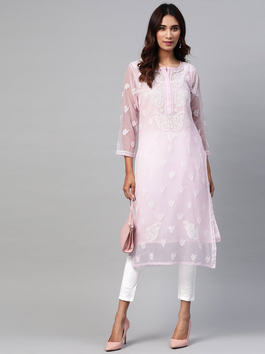 ADA Women Pink & White Chikankari Embroidered Handloom Kurta with Trousers | Swadesiicart