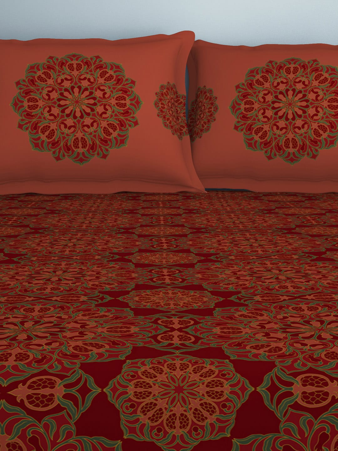 SPACES Aurum Red Ethnic Motifs Pure Cotton 140 TC Queen Bedsheet with 2 Pillow Covers - Swadesiicart
