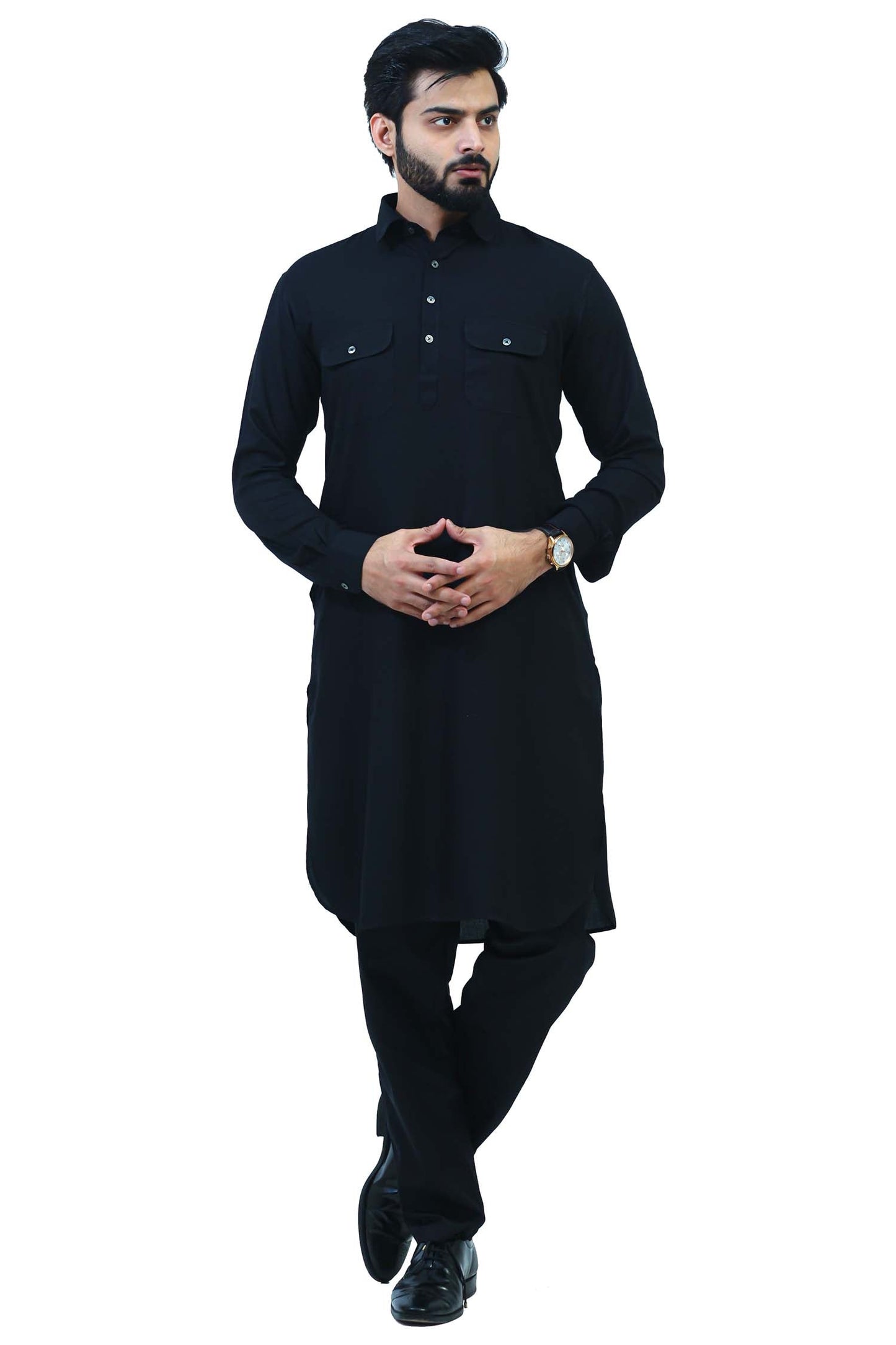 Bluesaanchi Men's Black Satin Pathani Kurta Set | Swadesiicart