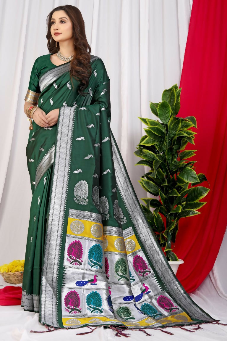 Jyoti Fashion Women's Bottle Green Paithani Silk Zari Woven Saree with Blouse | Swadesiicart