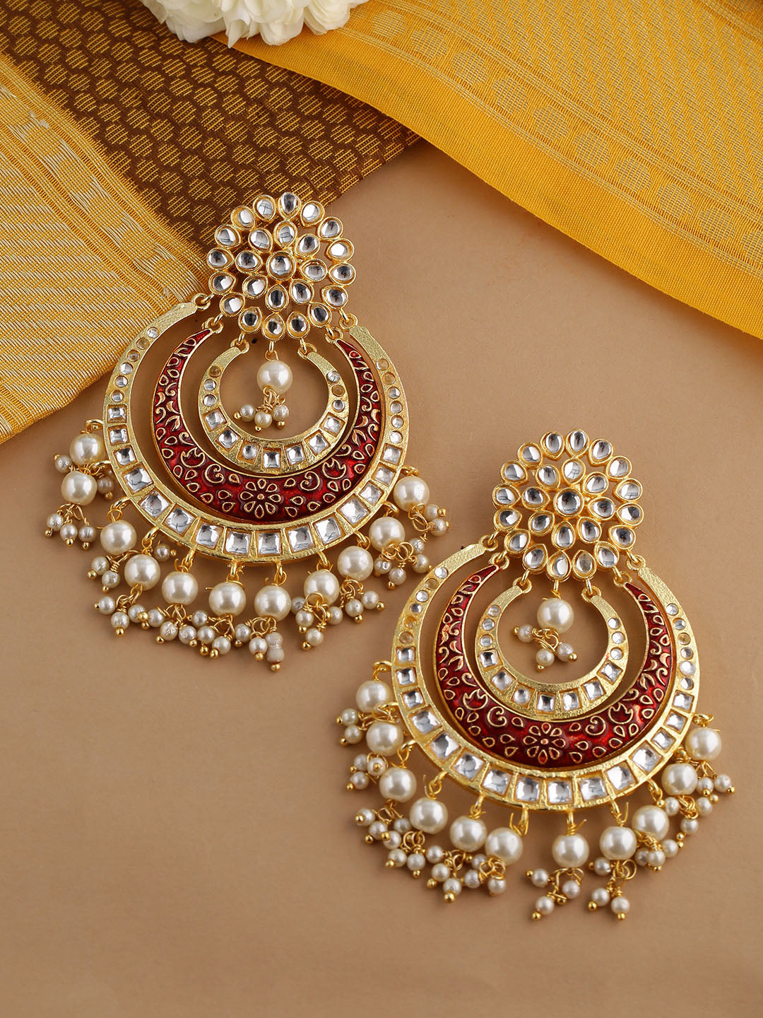 Shoshaa Red & Off-White Kundan Studded & Beaded Crescent Shaped Chandbalis | Swadesiicart