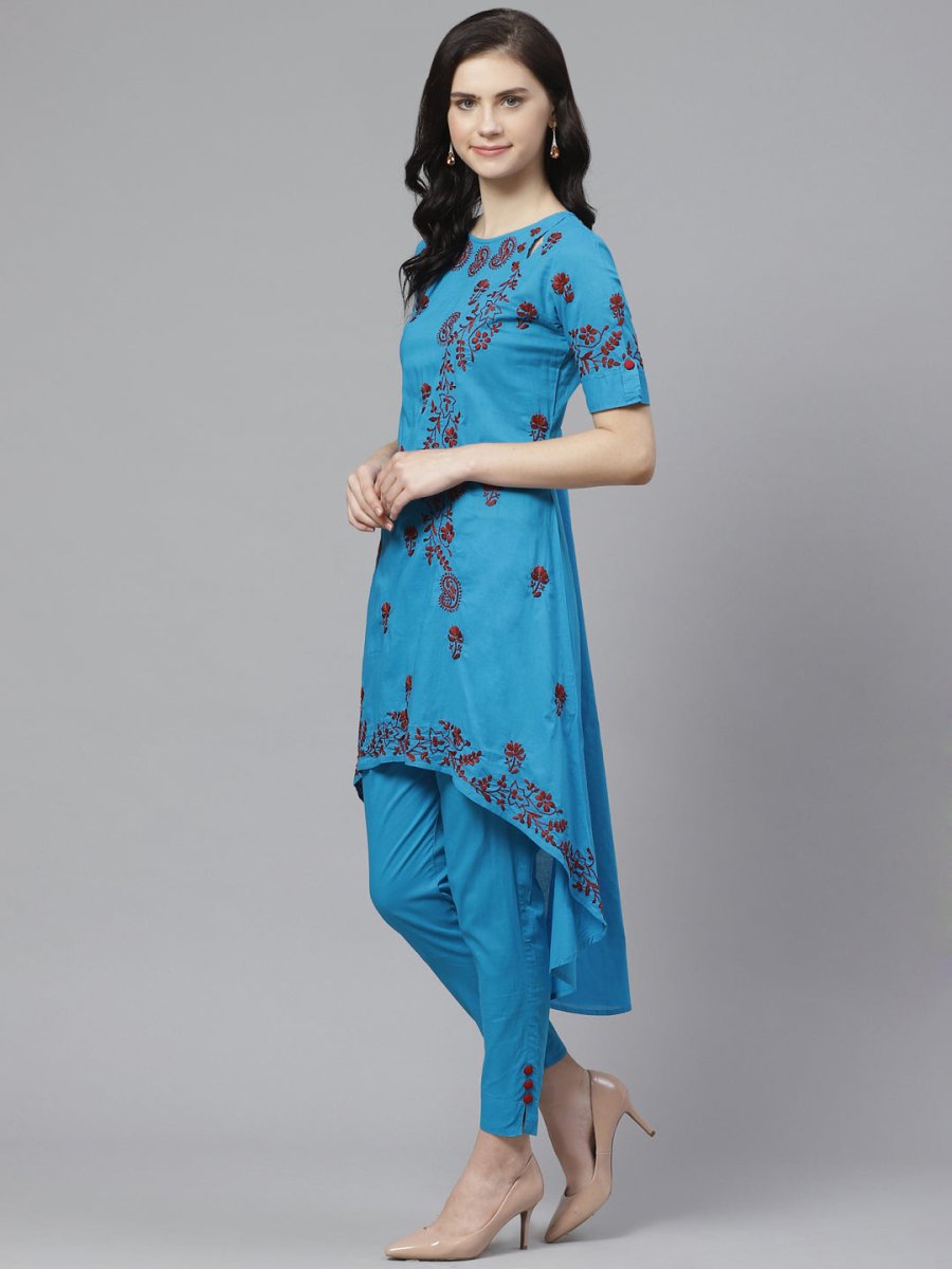 ADA Women Blue & Maroon Chikankari Embroidered High Low Handloom Sustainable Kurta with Trousers | Swadesiicart
