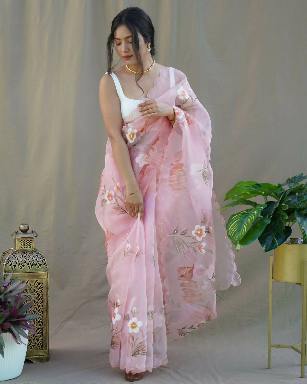 Vamsee Peach Organza Saree - Swadesiicart