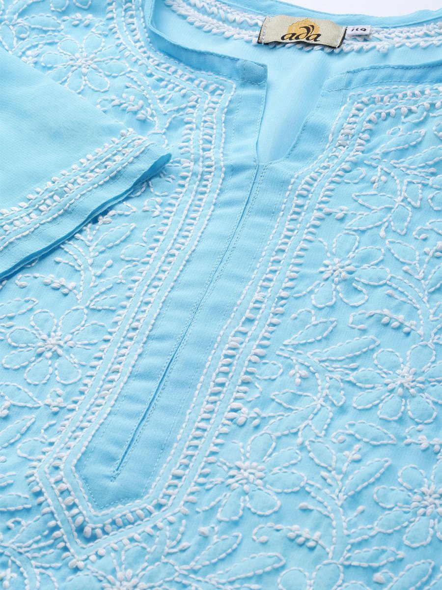 ADA Women Blue & White Chikankari Embroidered Sheer Straight Sustainable Handloom Kurta | Swadesiicart