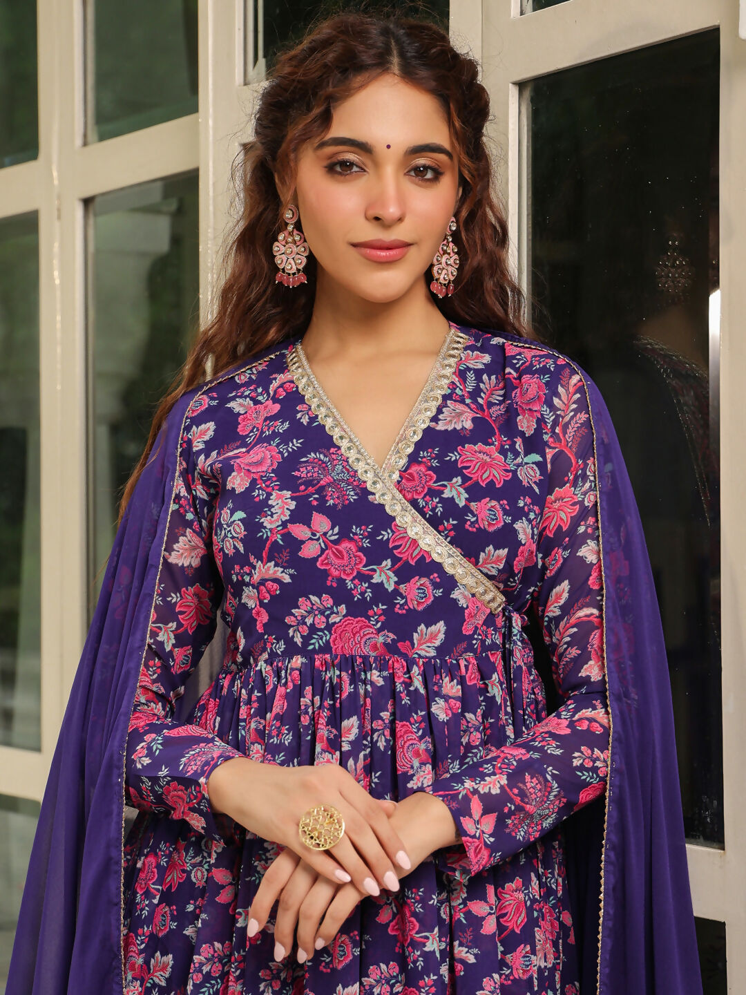 Janasya Purple Georgette Floral Kurta,Bottom & Dupatta | Swadesiicart