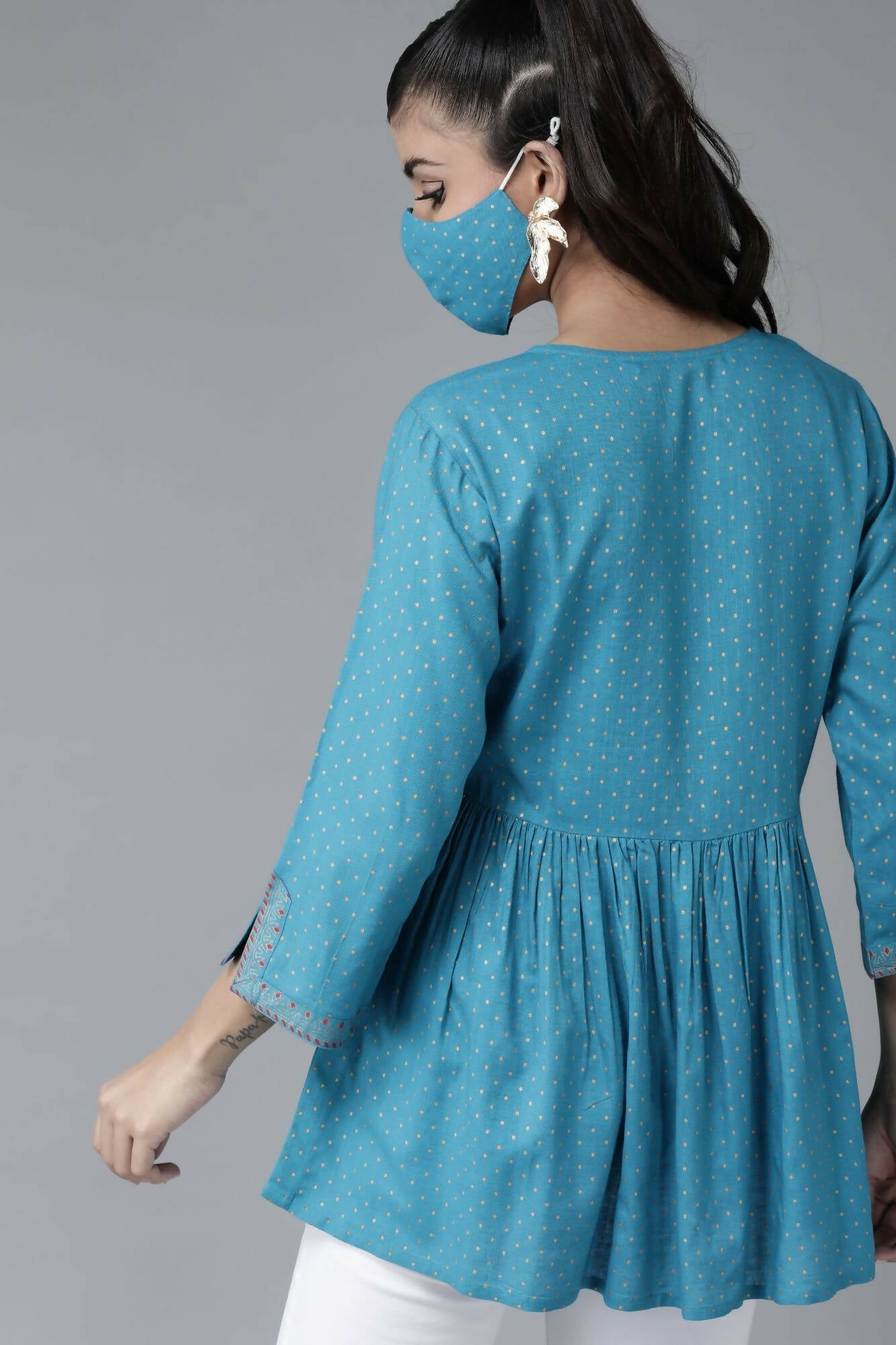 Juniper Women Skyblue Rayon Slub Polka Print Peplum Tunic | Swadesiicart