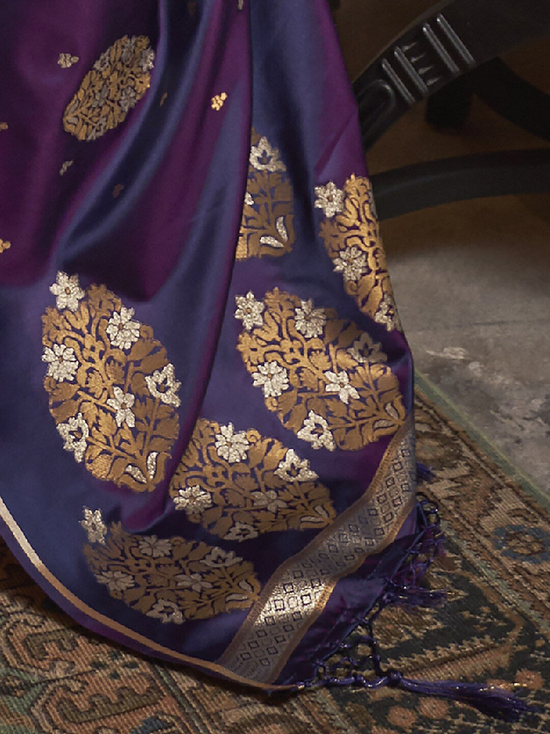 Mitera Purple & Brown Floral Zari Silk Blend Banarasi Saree | Swadesiicart