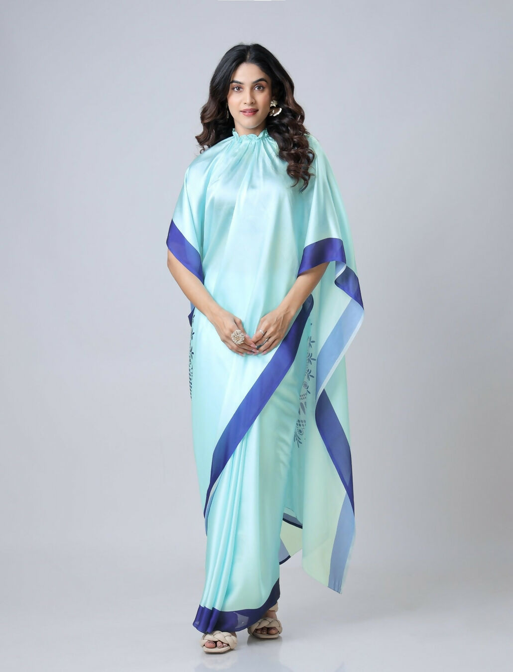Vastranavya Sky Blue Mandala Print Free Hand Ready to Wear Saree | Swadesiicart