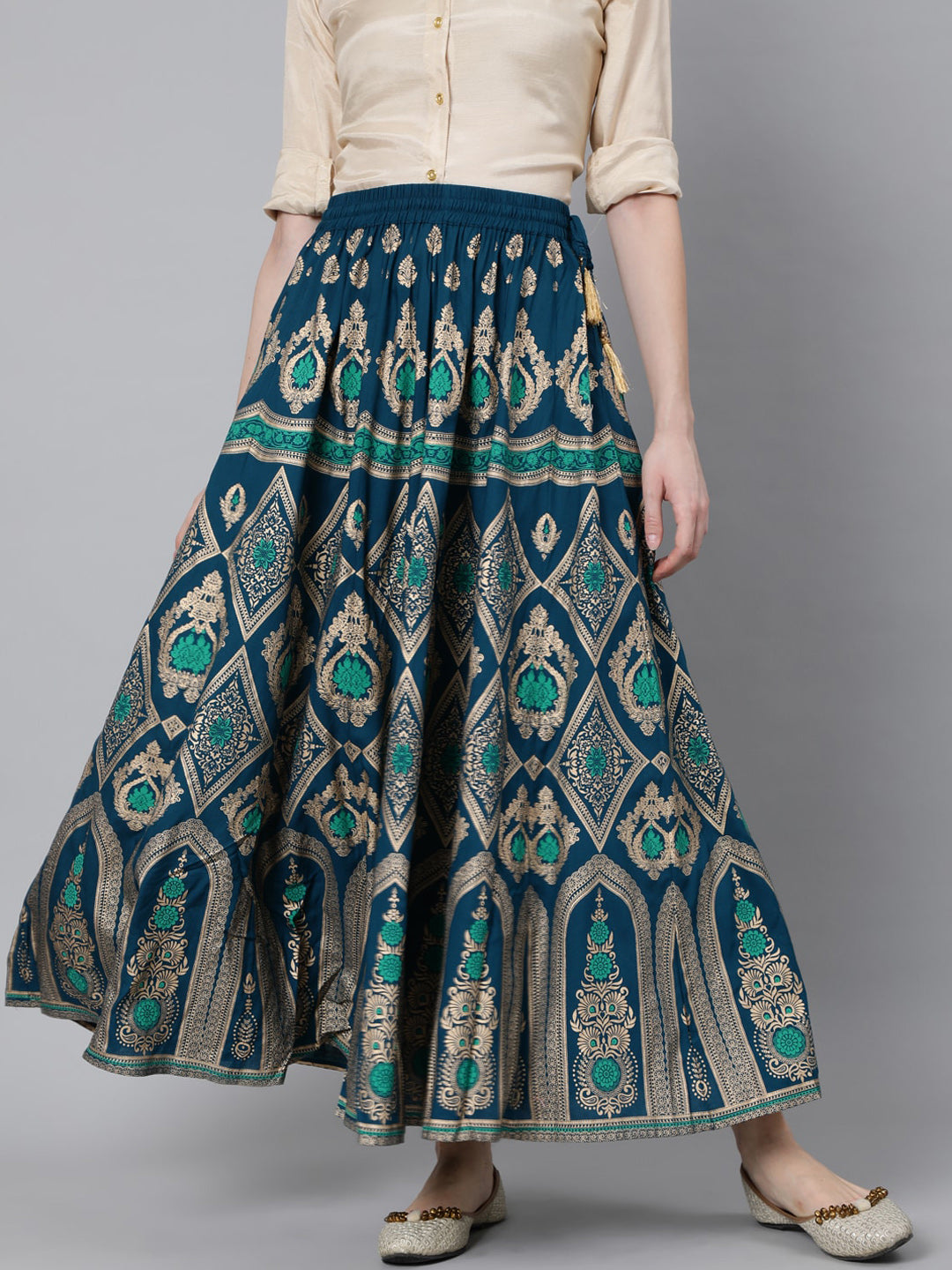 Jaipur Kurti Women Turquoise Blue & Gold-Coloured Printed Maxi-Length Skirt | Swadesiicart