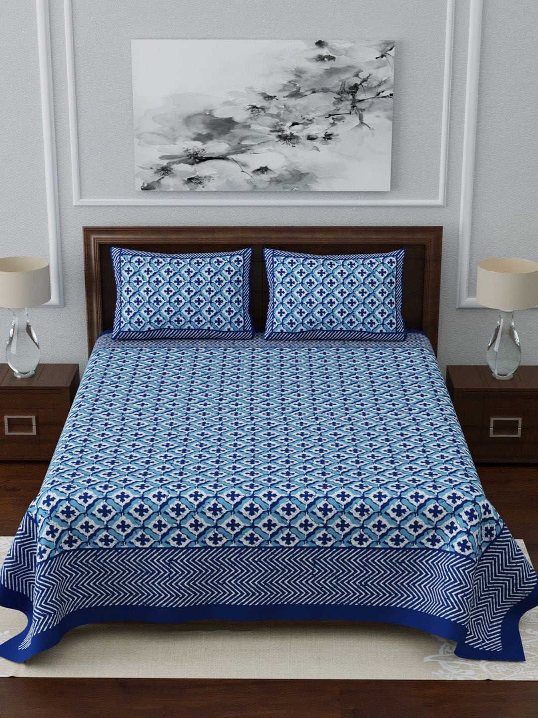 LIVING ROOTS Blue & White Ethnic Motifs 210 TC King Bedsheet With 2 Pillow Covers - Swadesiicart