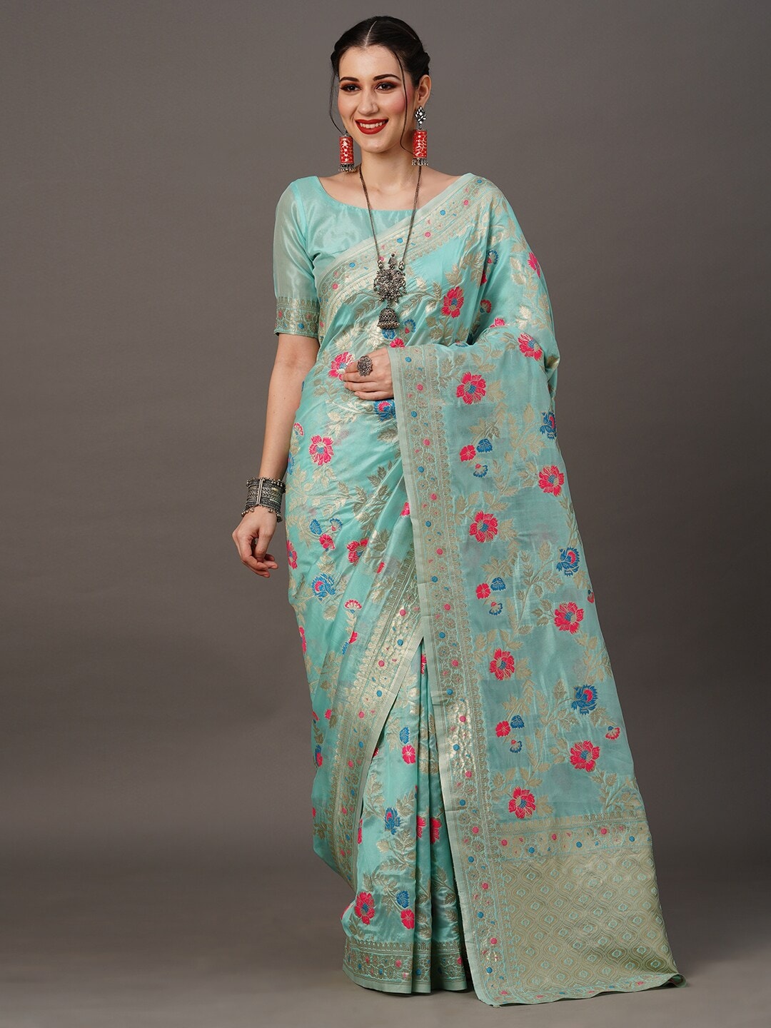 Mitera Floral Organza Banarasi Zari Saree With Blouse Piece | Swadesiicart