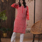 ADA Women Red & White Chikankari Hand Embroidered Semi-Sheer Straight Sustainable Handloom Kurta | Swadesiicart
