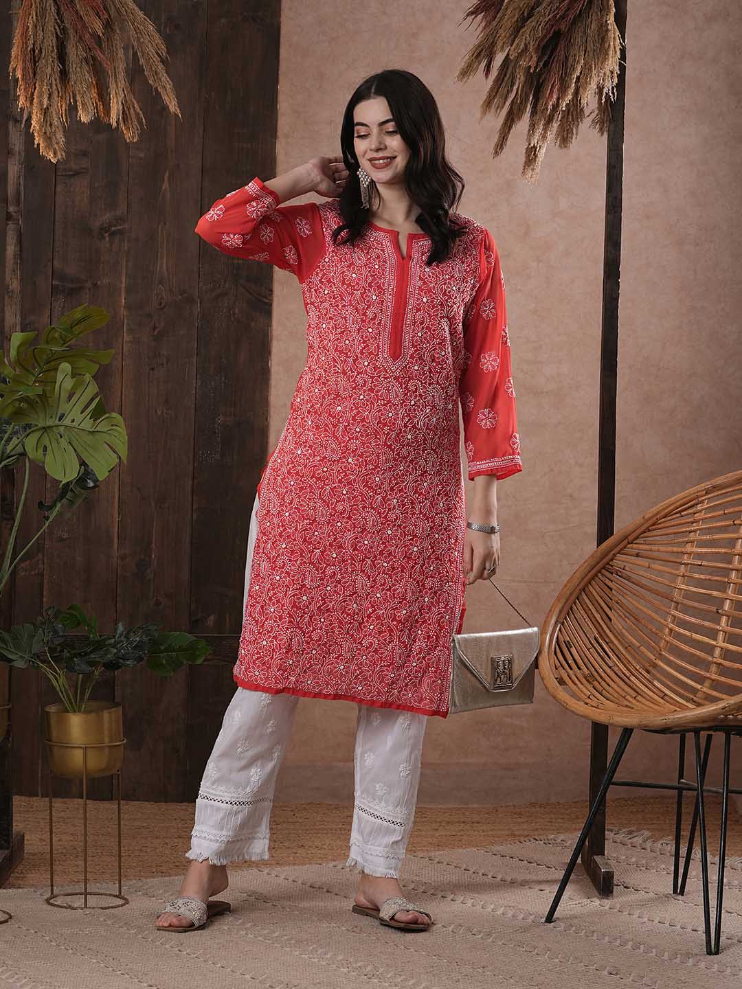 ADA Women Red & White Chikankari Hand Embroidered Semi-Sheer Straight Sustainable Handloom Kurta | Swadesiicart