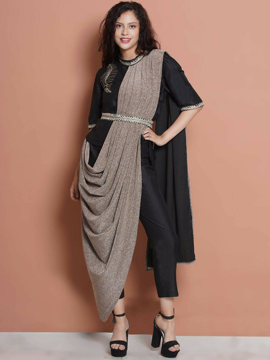 Women Republic Black Cotton Blended Set with Attached Drape | Swadesiicart