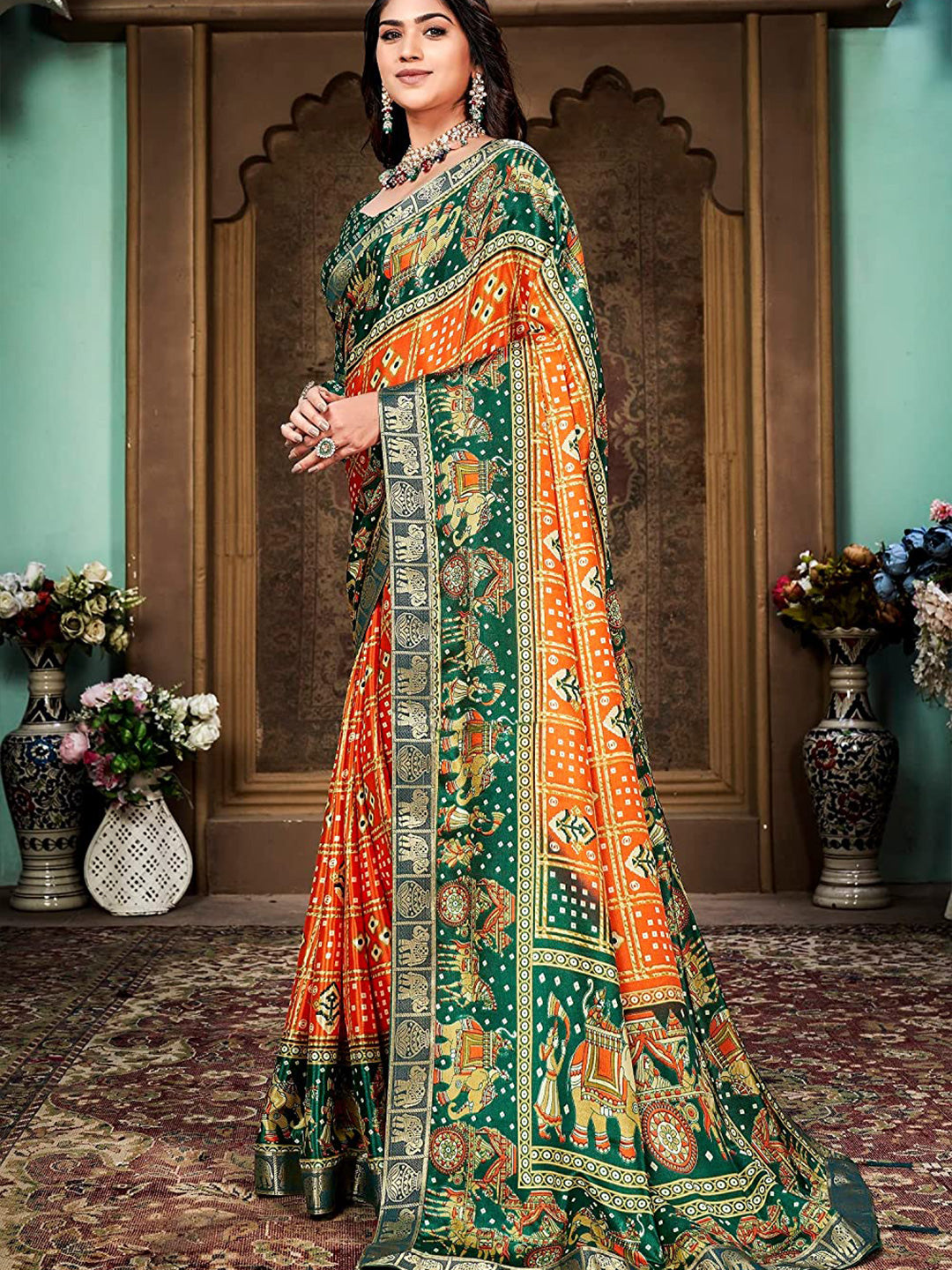 Kalini Bandhani Printed Silk Cotton Banarasi Saree | Swadesiicart