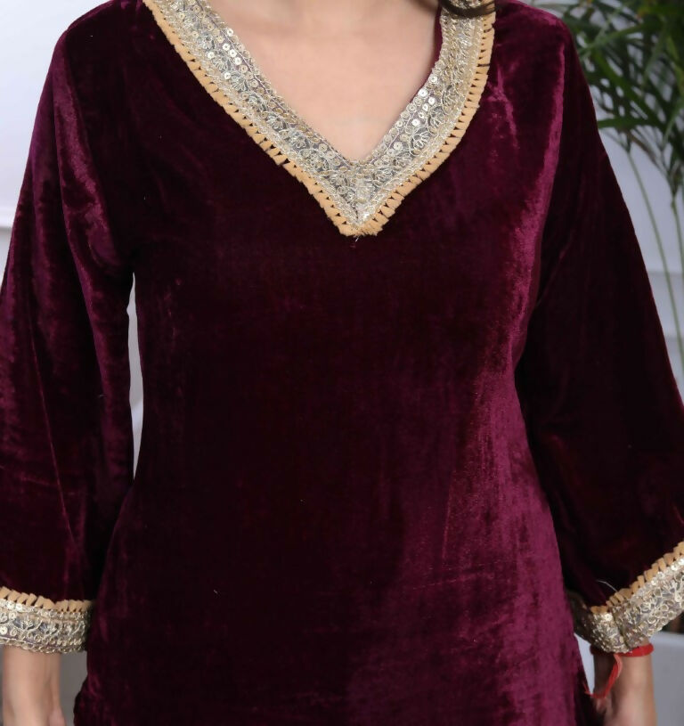 Miravan Women's Wine Embroidered Velvet Co-ord Set - Swadesiicart