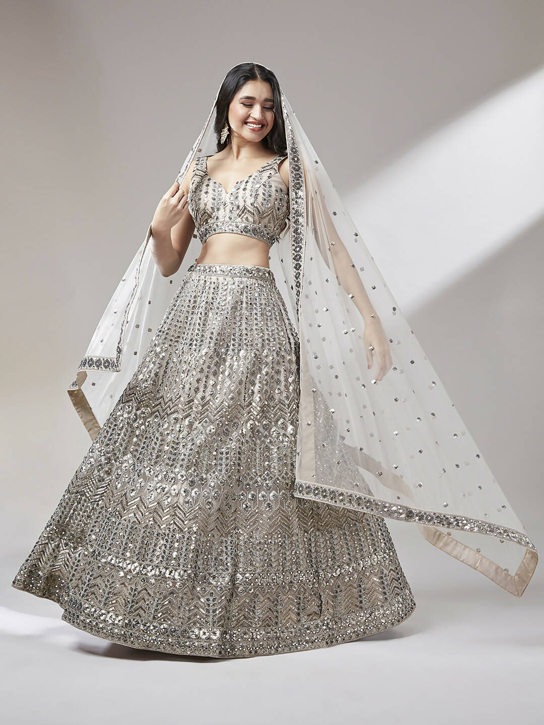House of Panchhi Beige - Net Mirror & Sequins Embroiderey Lehenga choli | Swadesiicart