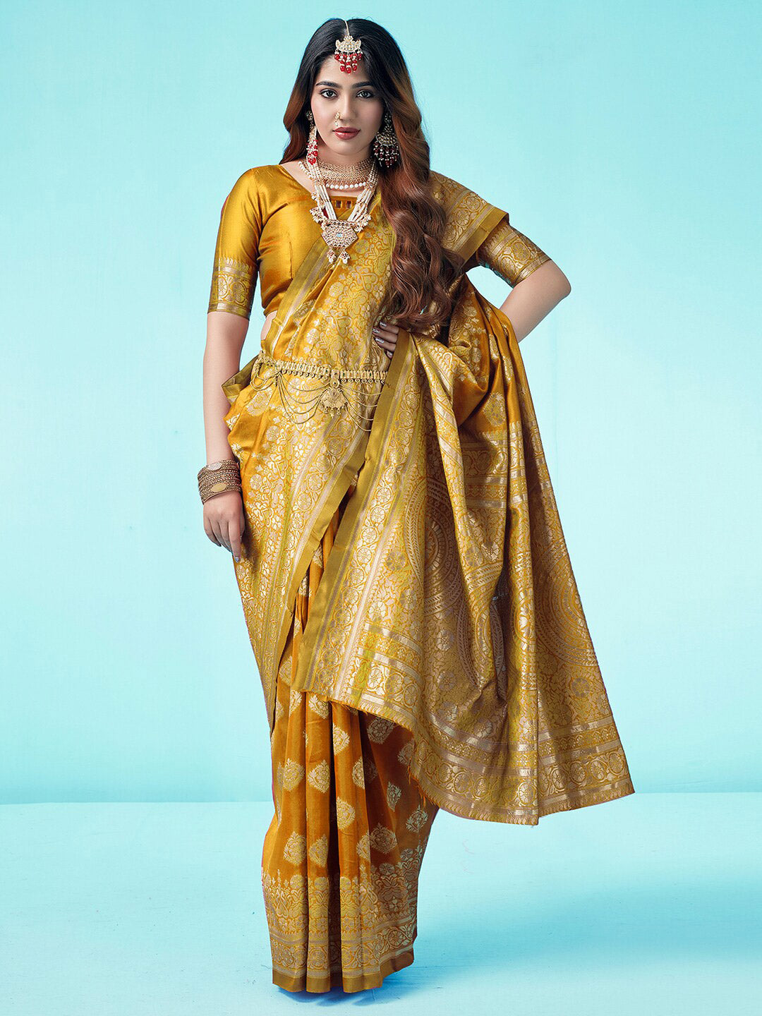 Kalini Yellow & Gold-Toned Woven Design Zari Banarasi Saree | Swadesiicart