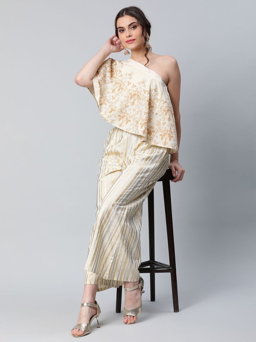 Ahalyaa Women Off White Crepe Floral Printed Top with Palazzos | Swadesiicart